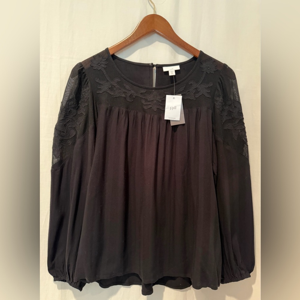 NWT J. Jill Embroidered Yoke Long-Sleeve Blouse Top Elasticated Cuff - Black- SP